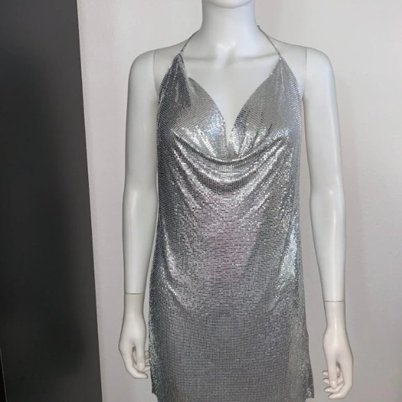 EXPRESS silver metal mesh chain mail halter party holiday Studio 54 Y2K runway - Picture 3 of 10